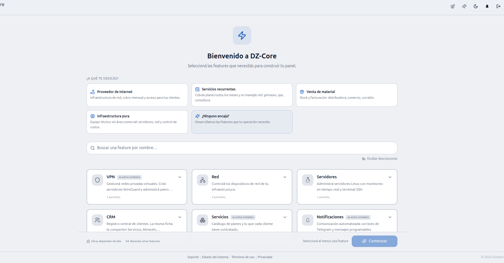 Panel de gestión de módulos de DZ Core